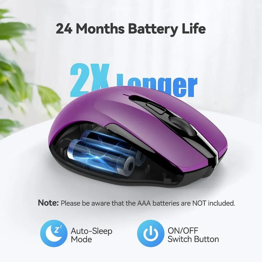 TECKNET Ergonomic 2.4G Wireless Mouse 2600 DPI 6-Button Computer PC Laptop Purpl